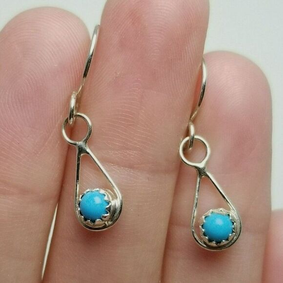 Vintage Blue Cabochon Small Dangle Earrings, Silver Tone Setting, Estate - Picture 1 of 6